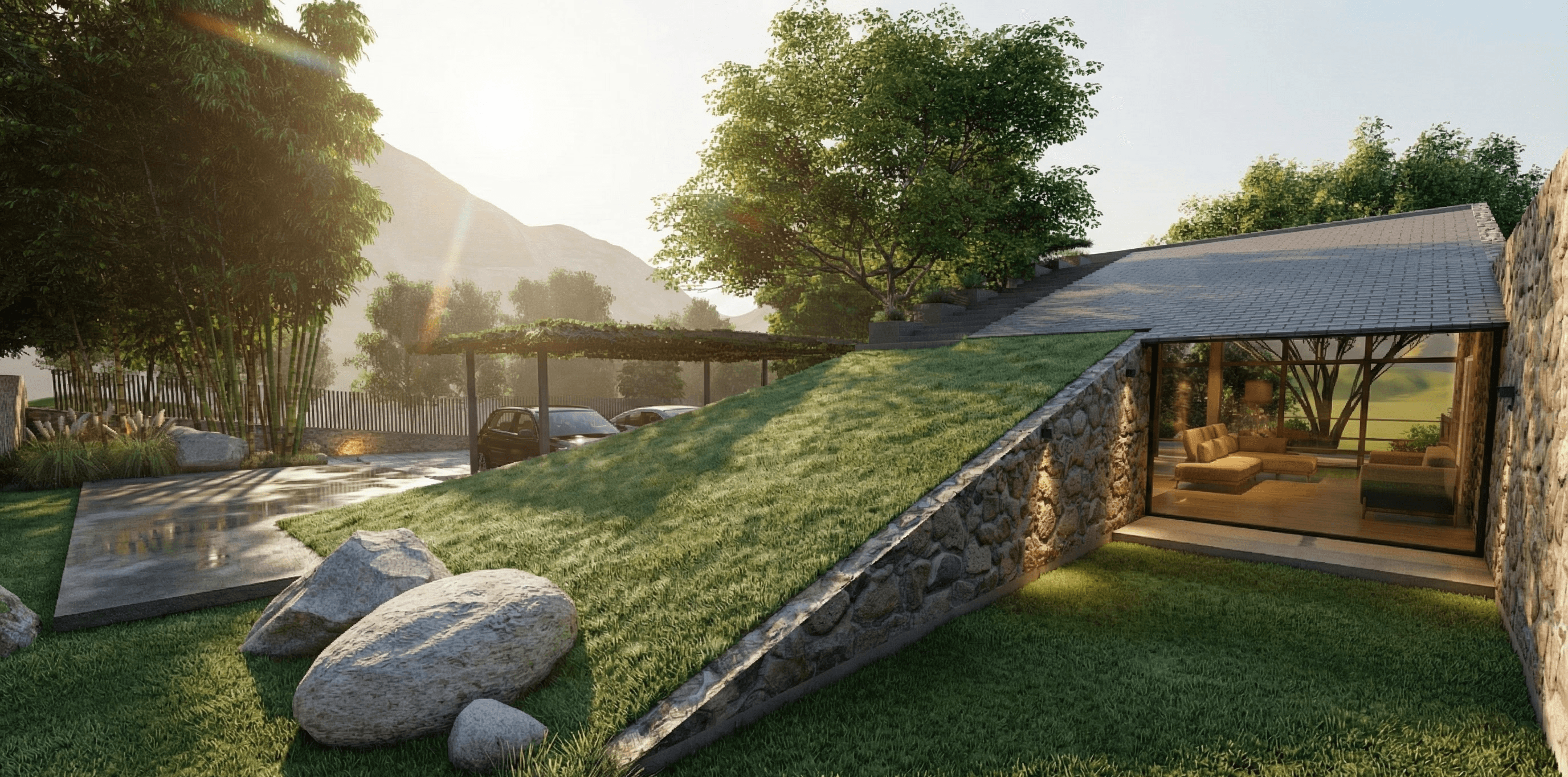 Visual expanse: A full wall of glazing seamlessly connects the bedroom to the lush terrace outside, dissolving the boundary between the interior comfort and nature.