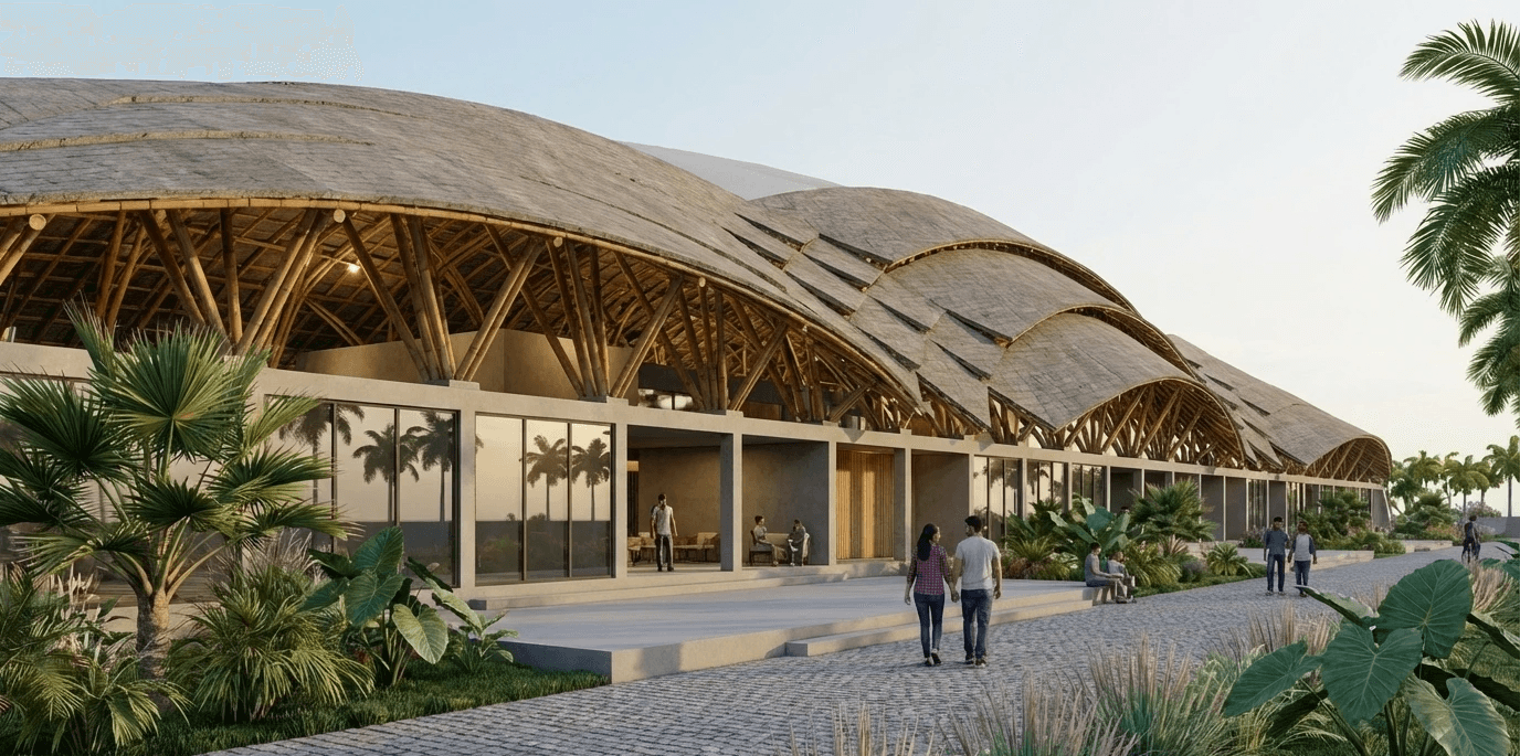 Graphic pathway: A dramatic black and white chevron floor pattern acts as a bold visual guide, drawing the eye down the entire length of the corridor.