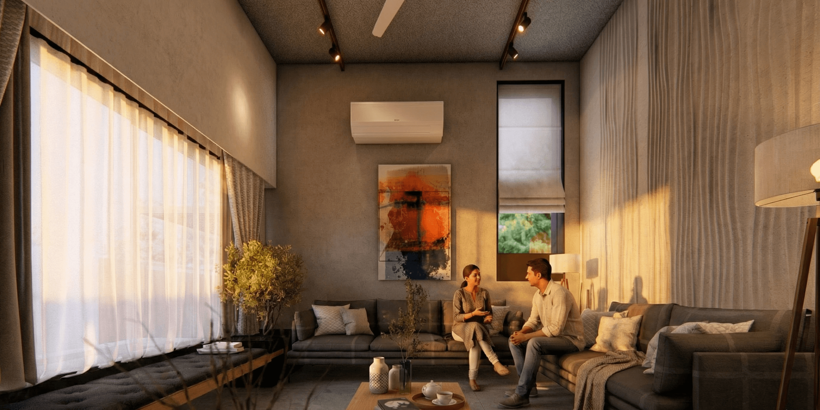 Textural interplay: A unique fluted wall panel catches the shifting light, adding depth and character to the modern gray palette of the interior.