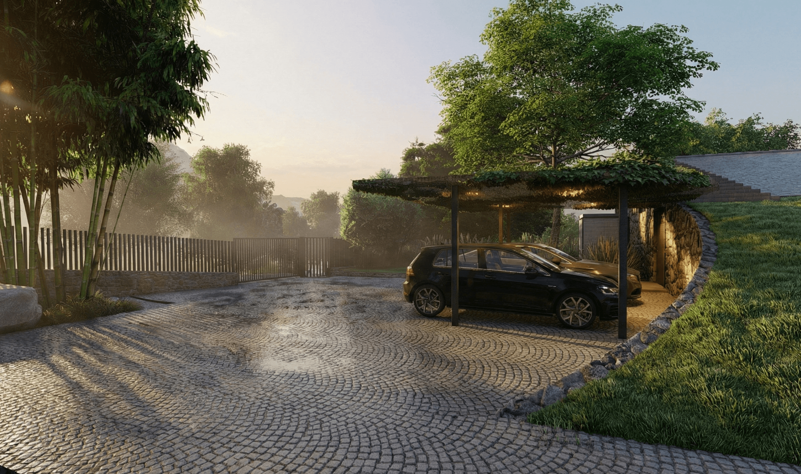 Subterranean luxury: A cozy living area is tucked beneath a grassy slope, offering panoramic views of the outdoors through expansive floor-to-ceiling windows while maintaining privacy.