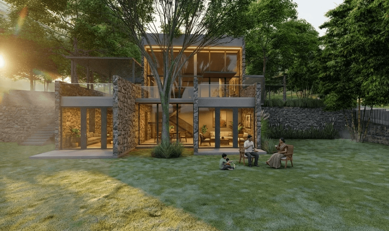 Warm Retreat: A palette of natural wood, warm textiles, and soft ambient lighting creates a cozy sanctuary that contrasts beautifully with the rugged natural environment outside.