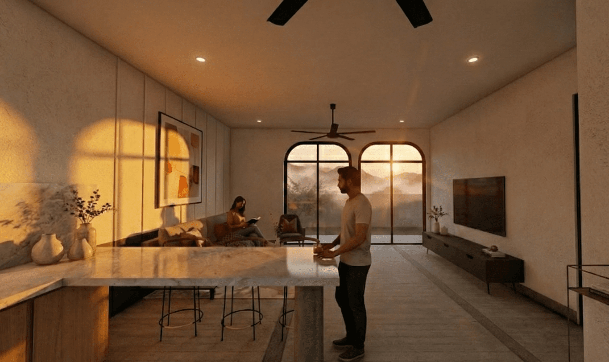 Framing the view: Twin arched windows serve as the focal point of the room, seamlessly connecting the modern interior with the misty mountain landscape outside.