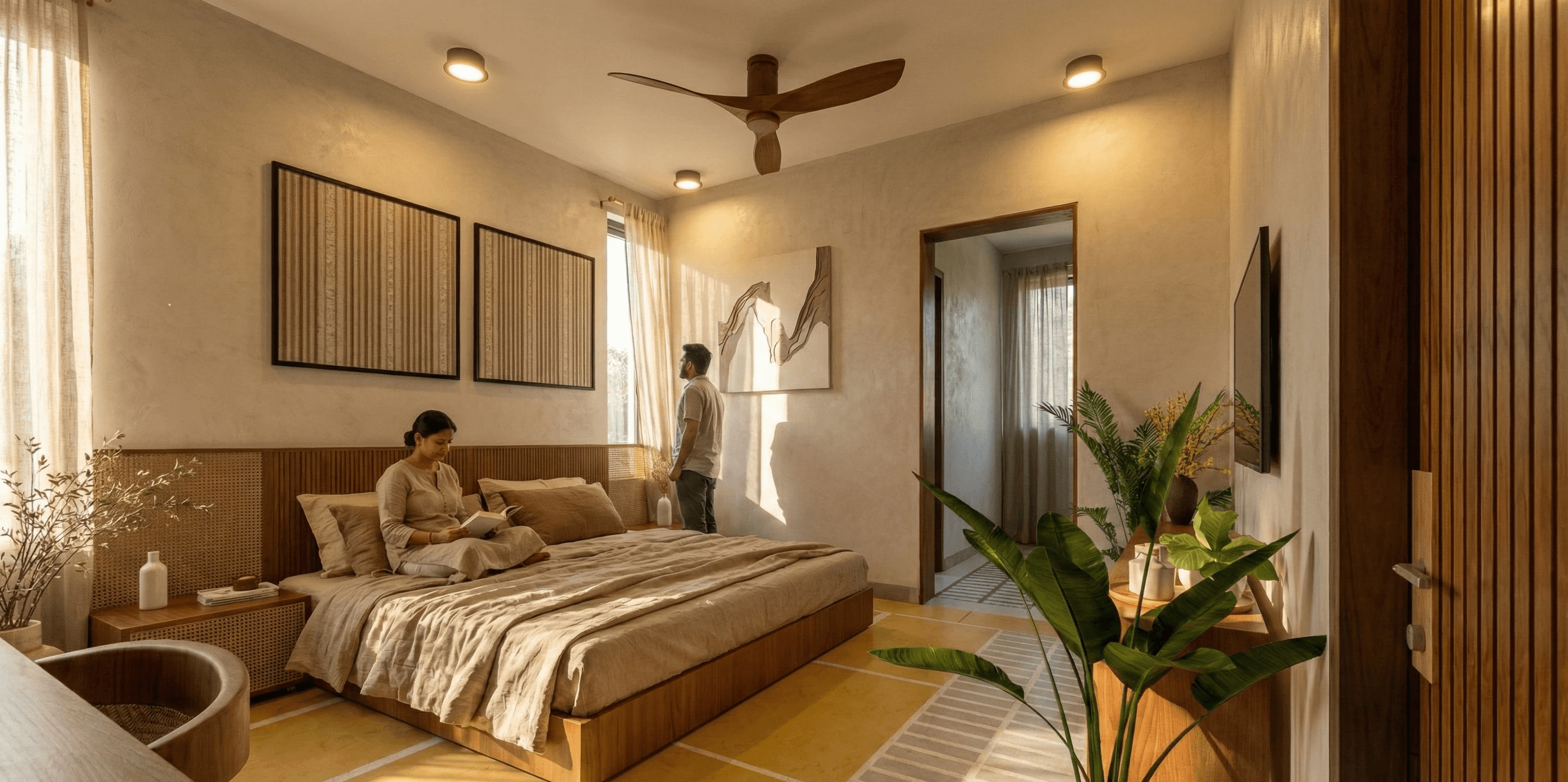 Rustic Modernity: Clean lines meet traditional textures with a ceiling fan, minimalist artwork, and handcrafted wooden elements that echo the resort's connection to nature.