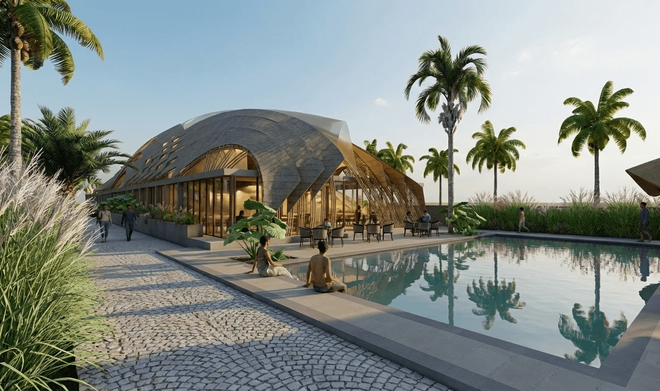 Organic forms: The striking bamboo and timber structure features a sweeping, curved roof that mimics the surrounding palm fronds, creating a shaded sanctuary by the pool.